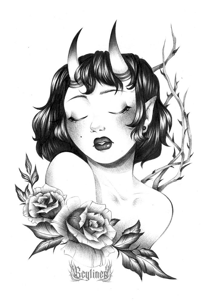 Ballpoint Pen Horned Girl Print
